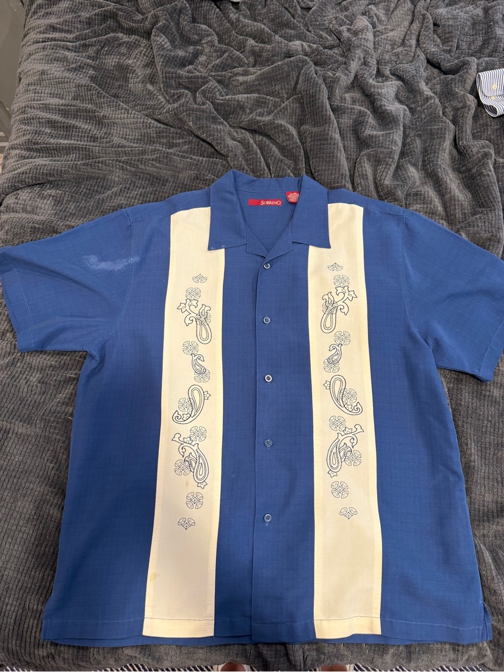 Cuervo y Sobrinos Blue Short-Sleeve Button-Down with Cream Embroidered Panels